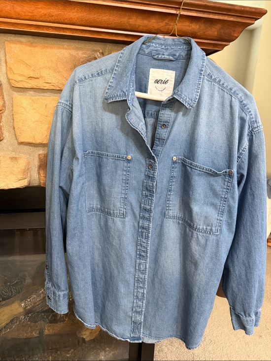 aerie Tops - aerie Washed Denim Button-Up Shirt - Light Blue